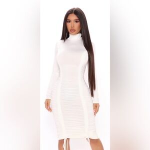 Fashion Nova White Long Sleeve Ruched Dress